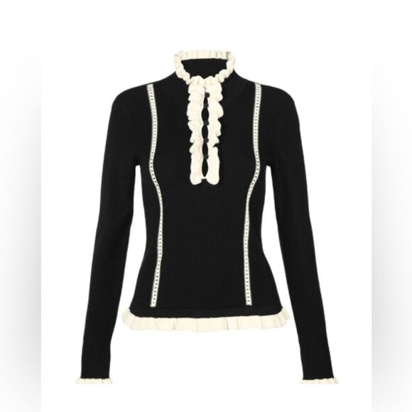 CABI Adorn Pullover Black Sweater with White Accents - Picture 2 of 15